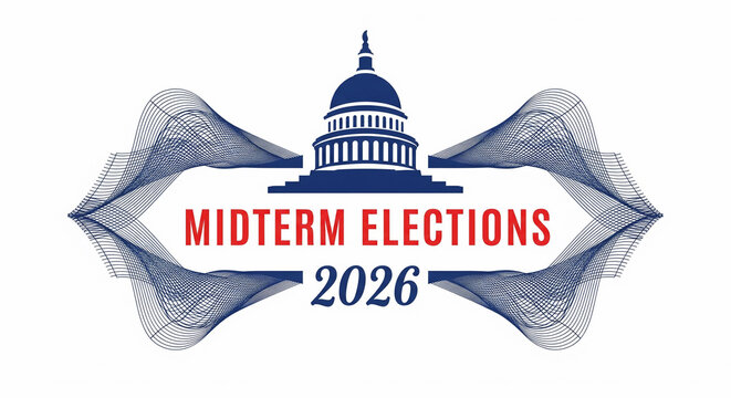 Capitol building with "Midterm Elections 2026" text and abstract blue wave graphics, concept for political campaigns, news media and voter engagement
