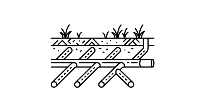 Line art illustration of a subsurface drainage system with pipes and soil layers.