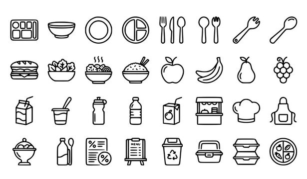 School dinner line icons featuring burger, salad bowl, fruit, juice box, apron, recycle bin, and cafeteria food service elements