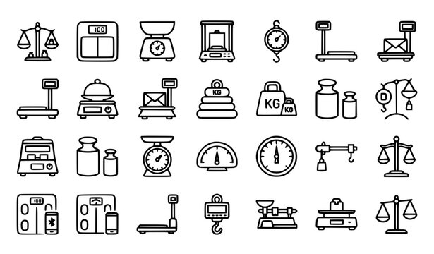 Weighing scale outline icon set with balance, kitchen scale, bathroom scale, hanging scale, kg weights, and measurement tool symbols