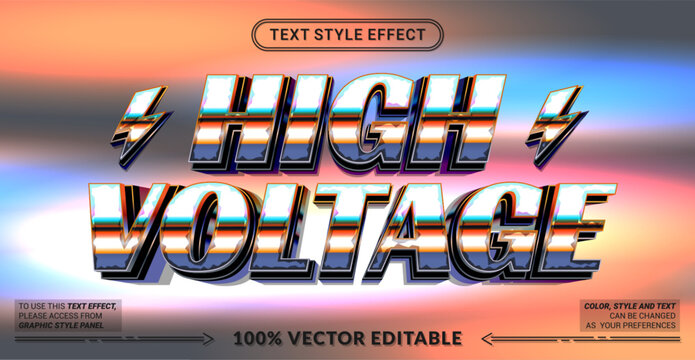 Editable High Voltage text effect with bold metallic lettering and powerful electric inspired styling. Perfect technology, gaming, posters, and modern graphic designs.