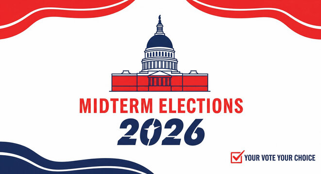 Stylized capitol building with 'Midterm Elections 2026' text and vote checkbox graphic, suitable for political campaigns, election advertising and civic engagement promotion