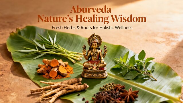 Ayurveda nature healing wisdom banner with Lord Dhanvantari idol and holistic herbs