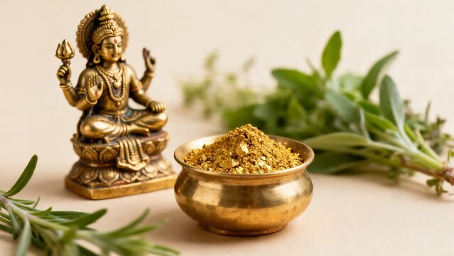 Lord Dhanvantari brass idol with ayurvedic herbs and gold pot for Dhanteras festival