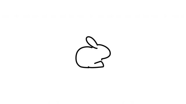 Minimalist outline animation of a small sitting bunny rabbit silhouette drawing on and fading out. Features a clean pop up style in 3 color setups.