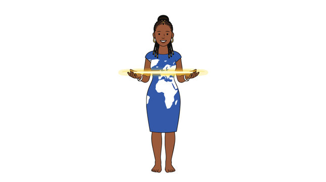 African woman in world map dress holding glowing ring in minimalist flat vector for international ngo marketing