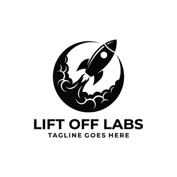 Rocket ship launching with smoke trail circular frame for science aerospace startup logo design