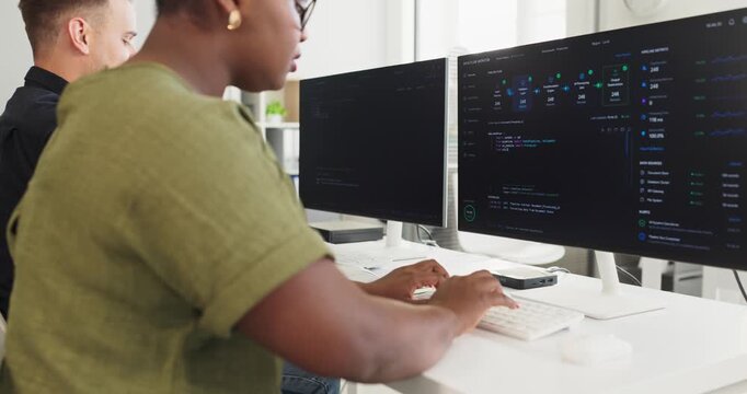 Developers programmers team coding in office collaboration. Coworkers focus on software at monitors, debugging code and reviewing dashboards in workplace. Concept shows teamwork and technology.