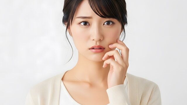 Worried Asian Woman Touching Face with Hand, Expressing Doubt and Concern