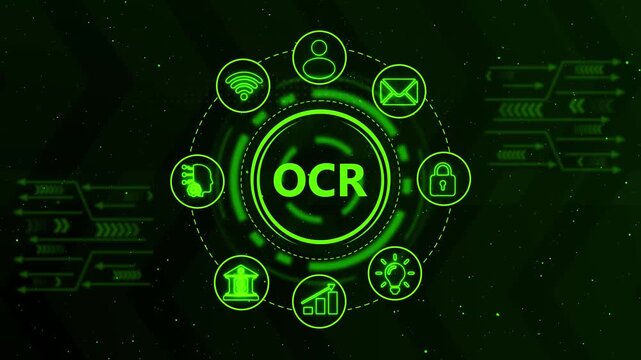 Ocr optical character recognition technology hud interface with digital data and futuristic network connectivity