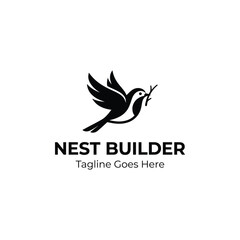 Fototapeta premium Bird carrying twig for construction architecture home nest building real estate nature logo design