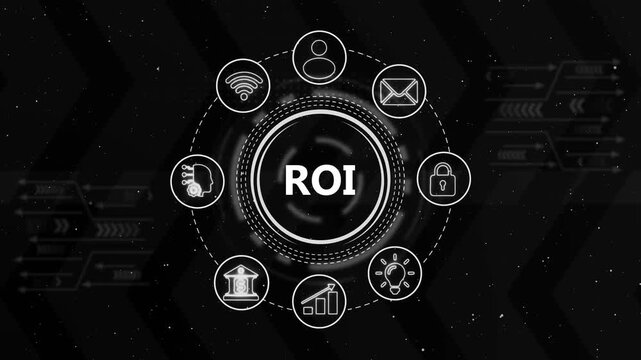 Roi return on investment business concept animation with digital marketing and growth strategy hud interface