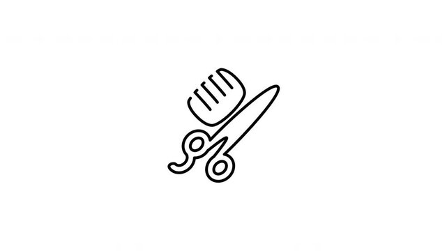 Minimalist outline animation of professional hair salon scissors and a comb drawing on and fading out. Features a clean pop up style in 3 color setups.