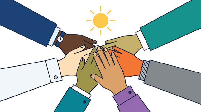 Diverse team hands joining together in unity huddle clean minimalist flat vector style for corporate teamwork marketing