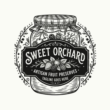 Fruit jam jar with berries for artisan organic food homemade preserve harvest label logo design