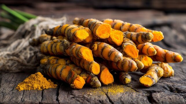 Pile of fresh turmeric roots on rustic wooden table, natural organic spice with vibrant golden color, raw herbal ingredient for healthy cooking, traditional culinary seasoning, farm harvest food backg