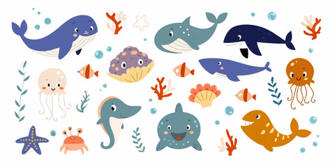 Cartoon style sea creatures illustration with colorful marine life on white background © Indira
