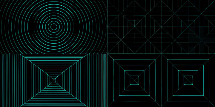 Cyan Wireframe Grids And Concentric Circles 3d Rendered Pattern
