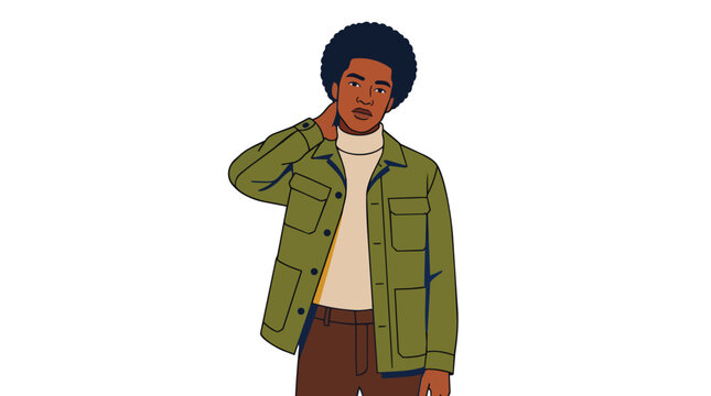 Black man with afro posing in olive jacket minimalist flat vector graphic for mens apparel marketing