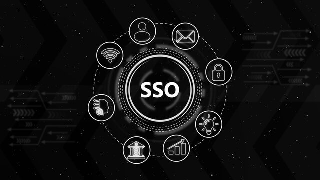 Sso single sign-on concept with circular digital and data network patterns on a dark background