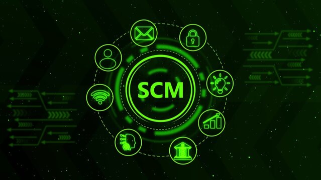 Supply chain management scm concept with glowing green circular interface, digital and data flow arrows on dark background