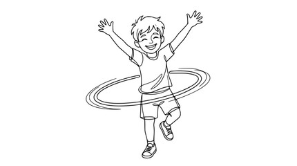 Obraz premium Happy boy with arms up playing with a hula hoop, line art drawing, isolated on white background