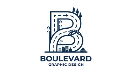 Letter B Logo: City Road, Trees, Bridge, Streetlights, Buildings, Graphic Design © hakimi