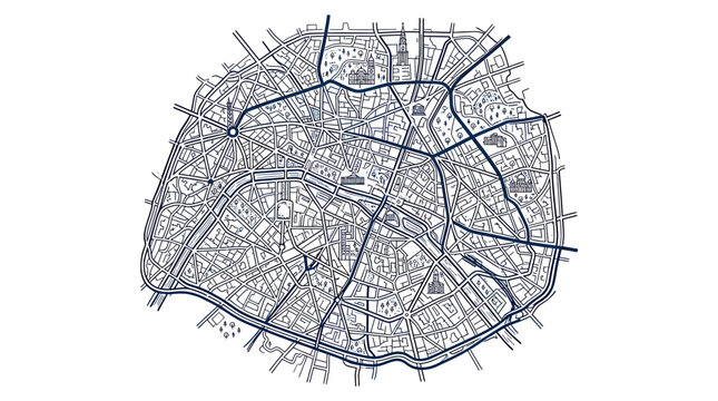 Paris City Map Outline, France Urban Navigation Blueprint, Blueprint