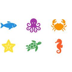 Obraz premium Vibrant ocean creatures swim together in a colorful underwater scene with fish, octopus, crab, starfish, turtle, and seahorse.