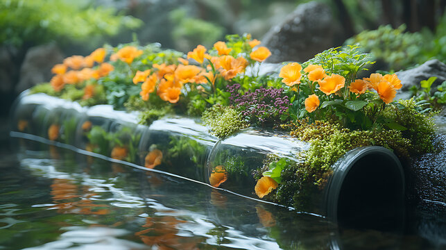 Transparent pipe system channeling nutrient-rich water to support reborn species 