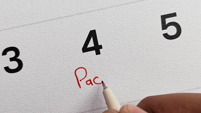 Close-up of Hand Writing "Packing" Under Date 4 on Calendar, Shifting and Travel Prep Concept