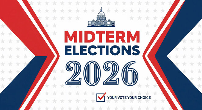 Midterm Elections 2026 graphic with US Capitol and vote checkmark, perfect for political campaigns, government announcements and civic engagement promotion