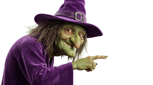A frightening green-skinned witch wearing a purple hat and robe points her finger forward with a mischievous grin.