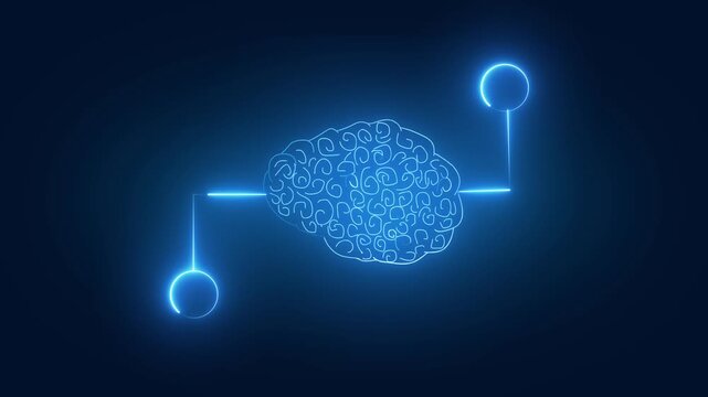 Futuristic digital neon brain animation representing artificial intelligence and human mind processing power with glowing light blue electric circuits on dark background motion.