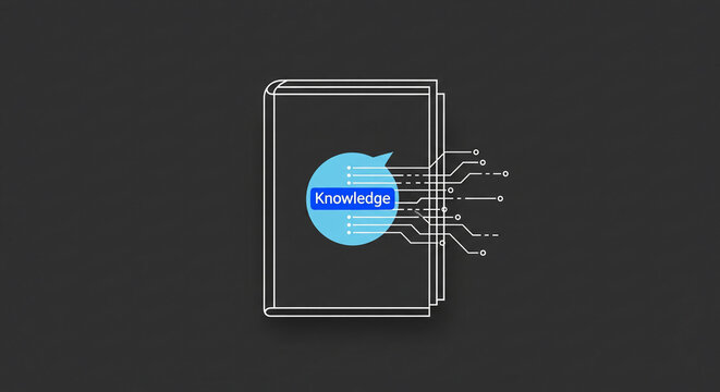 Stylized open book with 'Knowledge' text and digital circuit connections, ideal for education, technology and information concepts