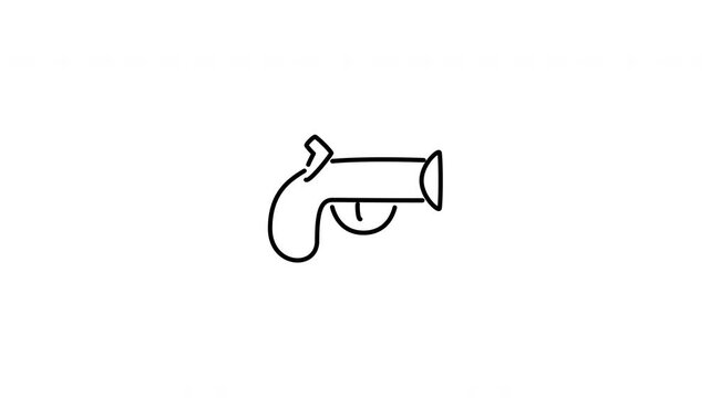 Minimalist outline animation of a vintage flintlock pirate pistol handgun drawing on and fading out. Features a clean pop up style in 3 color setups.