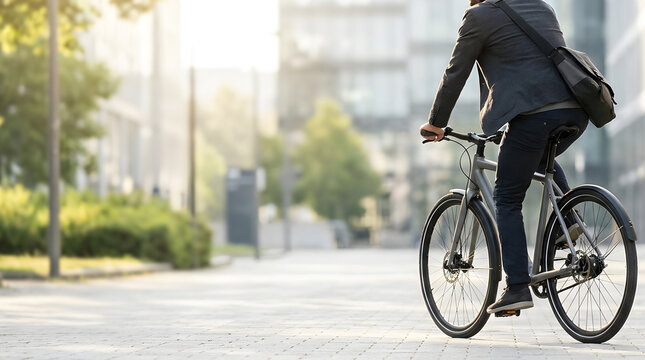 Businessman commuting on bicycle through modern city street promoting eco friendly urban transportation and active lifestyle