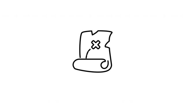 Minimalist outline animation of a rolled vintage treasure map with an X mark drawing on and fading out. Features a clean pop up style in 3 color setups.