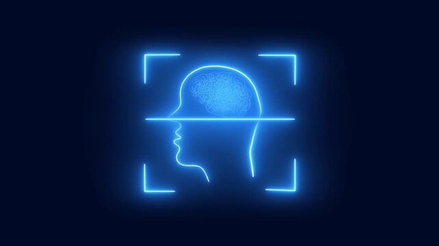 Futuristic glowing blue neon human head silhouette with brain scan in digital frame motion graphics animation abstract background technology concept.