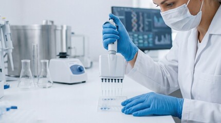 Fototapeta premium Female scientist using multichannel pipette in modern laboratory, conducting biological research with precision equipment