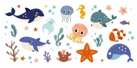 Cartoon style sea creatures with colorful details on a white background © bashanti