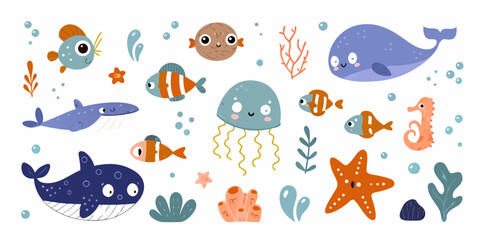 Cartoon Style Sea Creatures And Marine Life Illustration On White Background © bashanti
