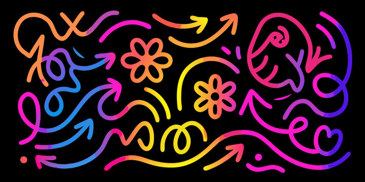 Floral and arrow pattern with vibrant neon line art on black