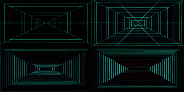 Cyan Teal 3d Grid Panels With Converging Lines Black Background