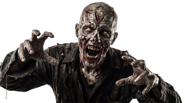 A close-up, full-body shot of a grotesque zombie reaching forward with its hands, its mouth open in a terrifying scream.