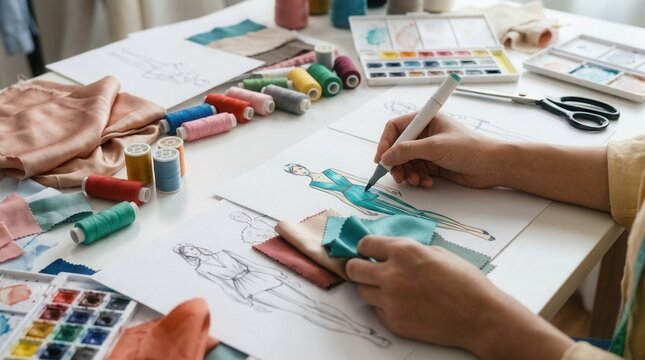 Detailed fashion designer sketches and textile material samples on a creative workshop studio table.