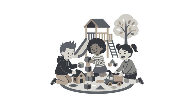 Children playing with dog outdoors.