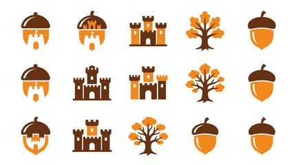 Autumn icons with acorns castles. © Buku
