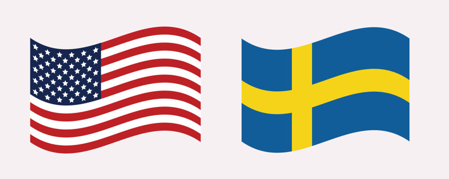 Waving American and Swedish flags side by side in a flat vector illustration style