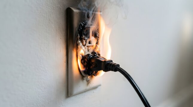 Electrical wall outlet catching fire with flames and smoke from plug